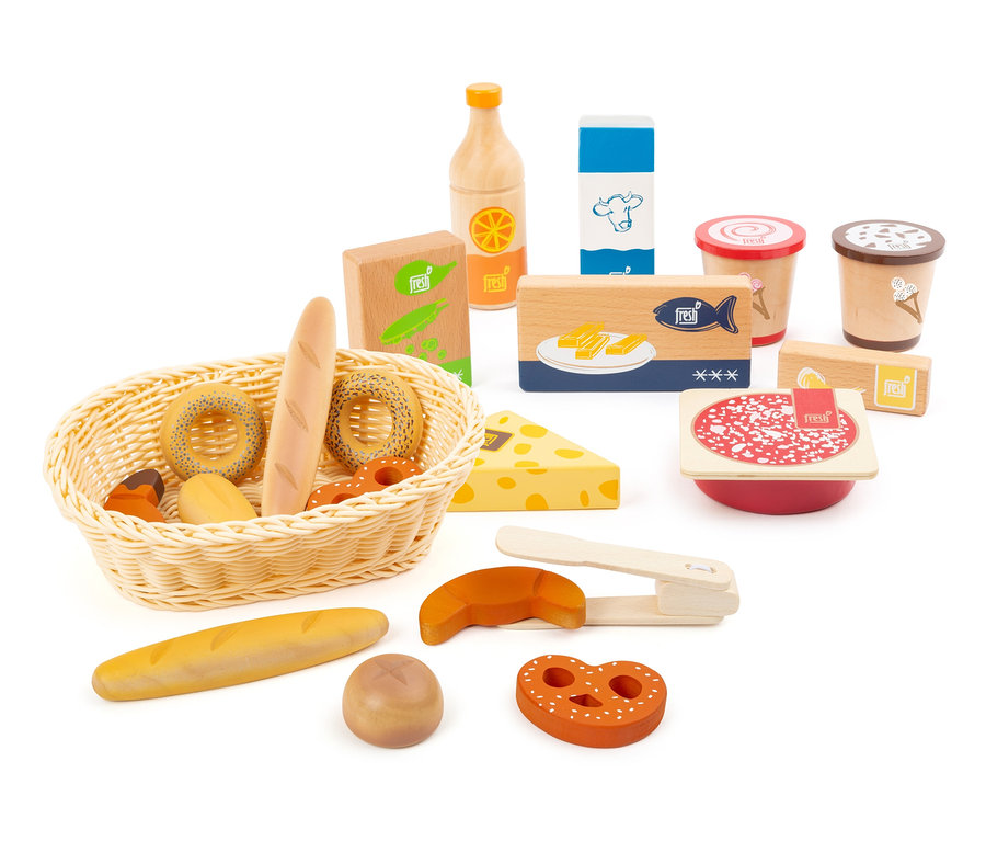Verschiedene hölzerne Lebensmittel, darunter Brot, Käse und Getränke, werden in und um einen Weidenkorb herum angezeigt. small foot Back-, Gefrier- und Kühlwaren-Set »fresh«