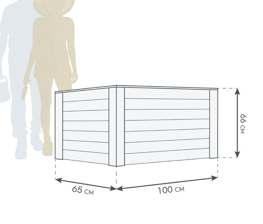 Skizze eines Hochbeets aus Lärche, 100 x 65 x 66 cm.