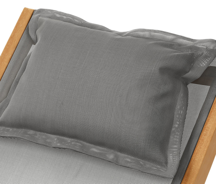 Detail einer Teak-Schaukelliege mit TEXTILENE® und grauem Kissen.