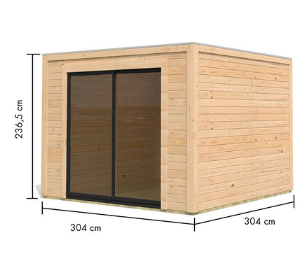 Illustration eines Karibu Gartenhauses »Modern 1« mit den Maßen 304 cm x 304 cm und einer Höhe von 236,5 cm.