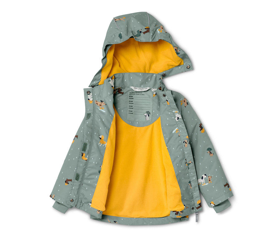 Kinder Thermo-Regenjacke mit Hundemuster und gelbem Futter.