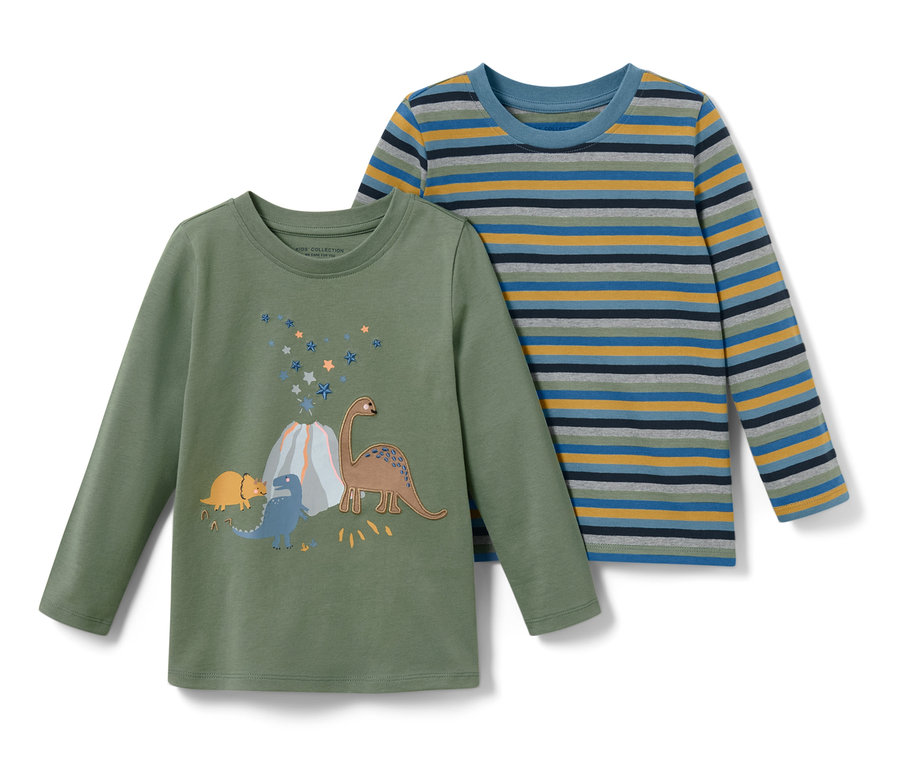 Zwei Kinder-Langarmshirts, Dino. Ein olivgrünes mit Dinos und Vulkan, das andere mit blau-grau-gelben Streifen.