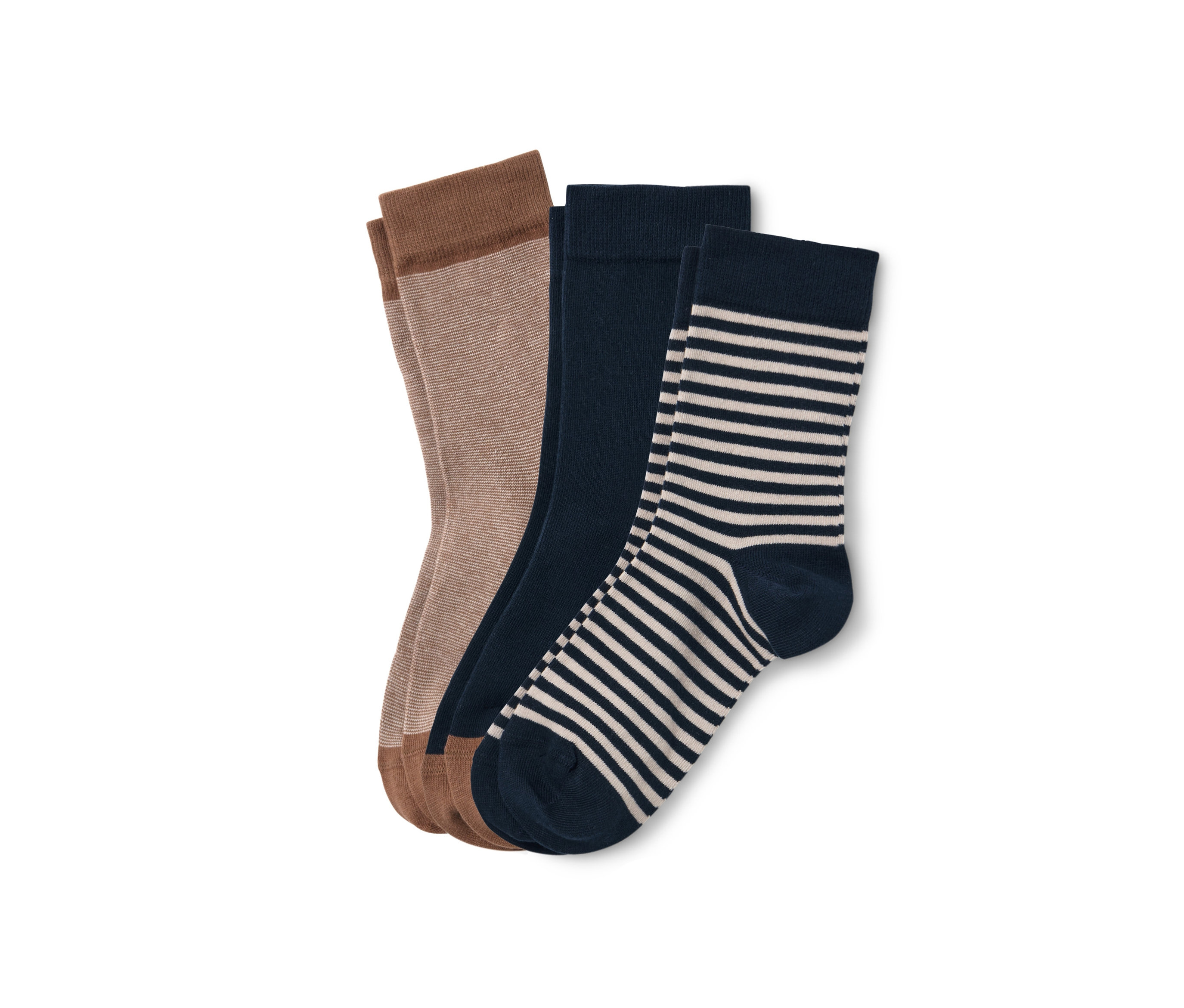 Drei Paar Socken: braun, dunkelblau und gestreift.