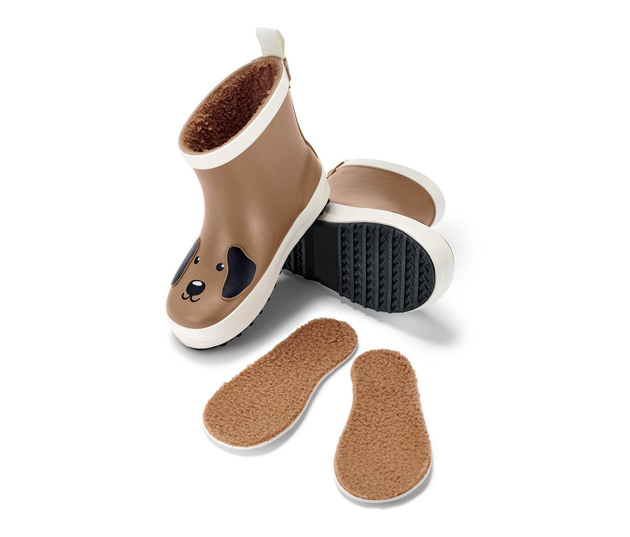 Braune Kinder-Chelsea-Regenstiefel mit Hundemotiv und herausnehmbaren Einlagen.