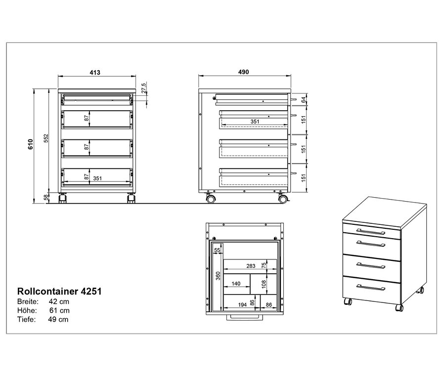 Abmessungen des Rollcontainers »Profi« in Lichtgrau und Weiß/Eiche.