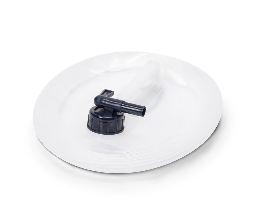 Ein faltbarer Wasserkanister mit einem schwarzen Hahn in der Mitte.