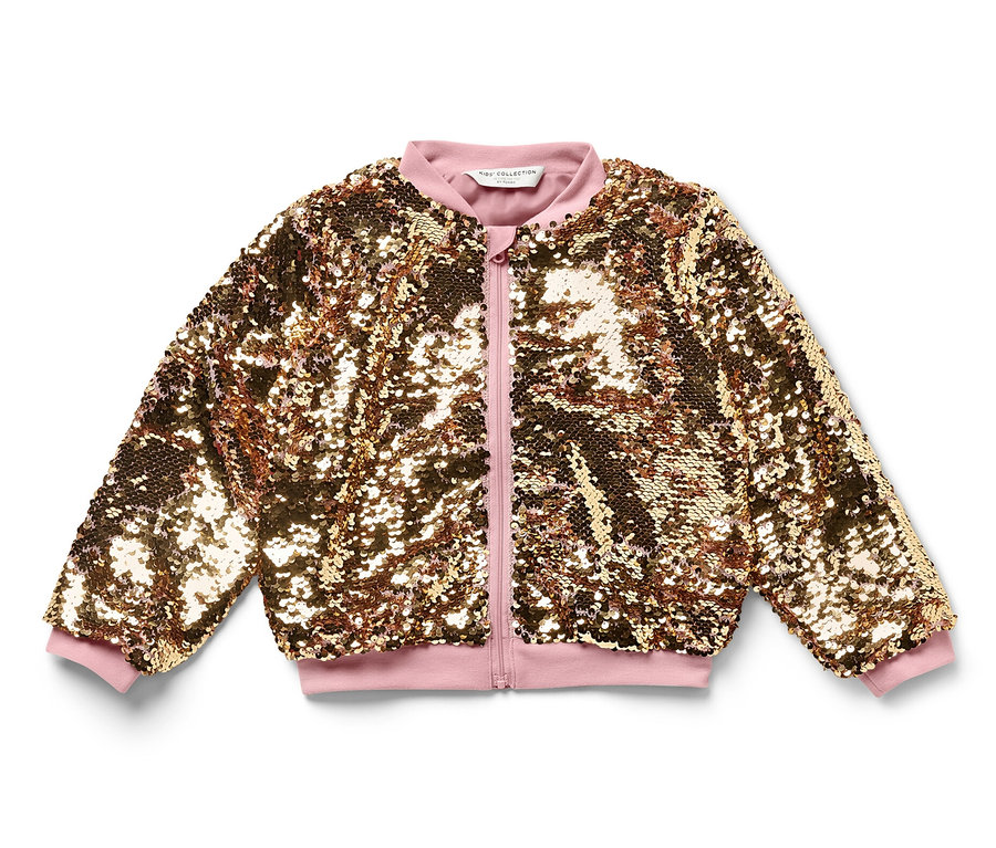 Eine Kinder-Paillettenjacke mit Reißverschluss und rosa Bündchen.