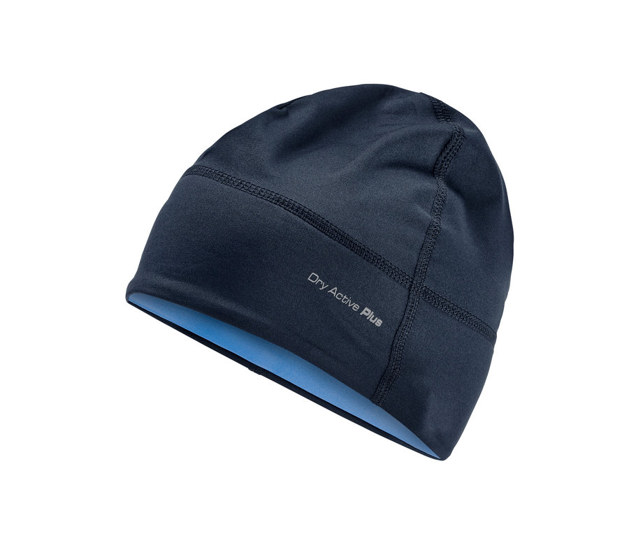 Dunkelblaue Funktionsmütze.