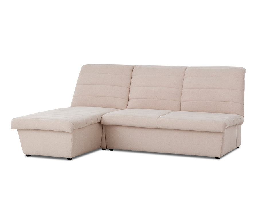Cremefarbenes Ecksofa, links.