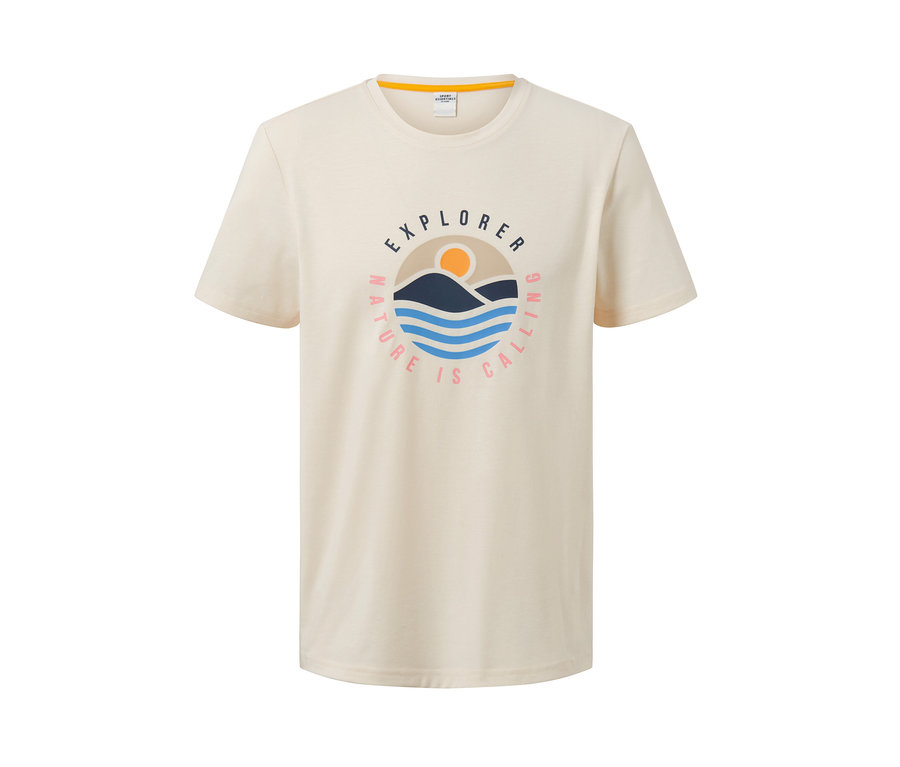 Beiges T-Shirt mit Print.