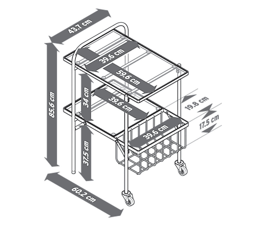 Illustration eines Servierwagens mit Maßangaben.