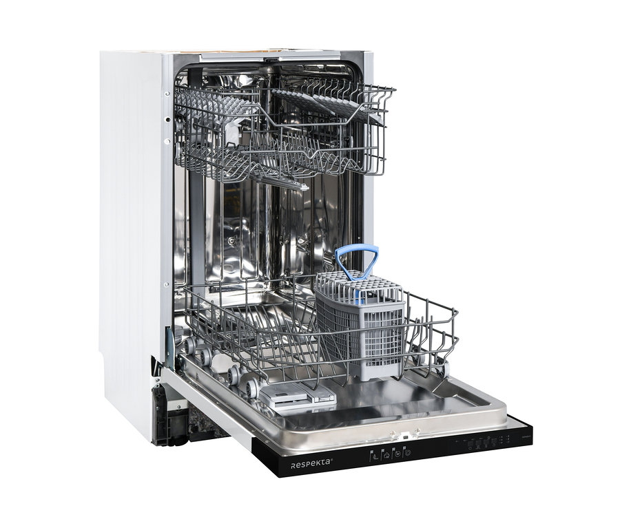 Geöffneter Respekta vollintegrierter-Geschirrspüler »GSP45VV«, ca. 45 cm, E (von A bis G) mit Innenausstattung.