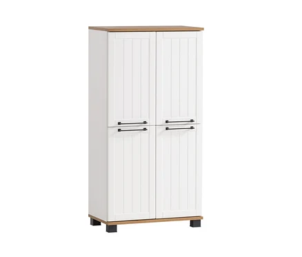 Ein Highboard »Jelda« in Mattweiß und Eiche-Dekor.