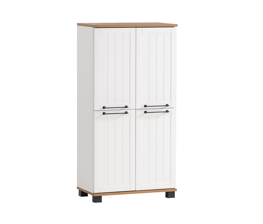 Ein Highboard »Jelda« in Mattweiß und Eiche-Dekor.