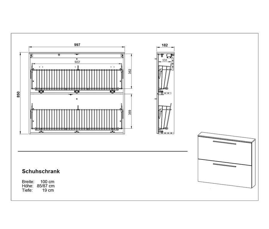 Technische Zeichnung Schuhschrank »Utah«, kaschmir.