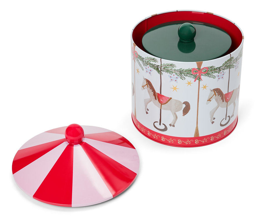 Offene Keksdose mit Karussellpferd-Motiv und rot-weiß gestreiftem Deckel.