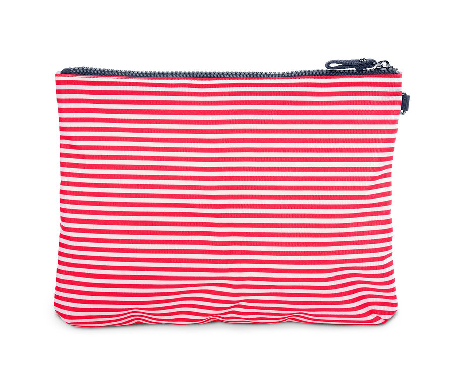 Gestreifte Tasche in Rot und Weiß mit Reißverschluss.