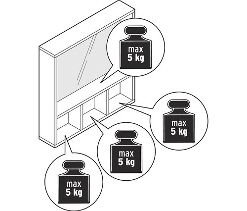 Illustration eines Spiegels mit Ablageflächen, maximale Traglast 5 kg.