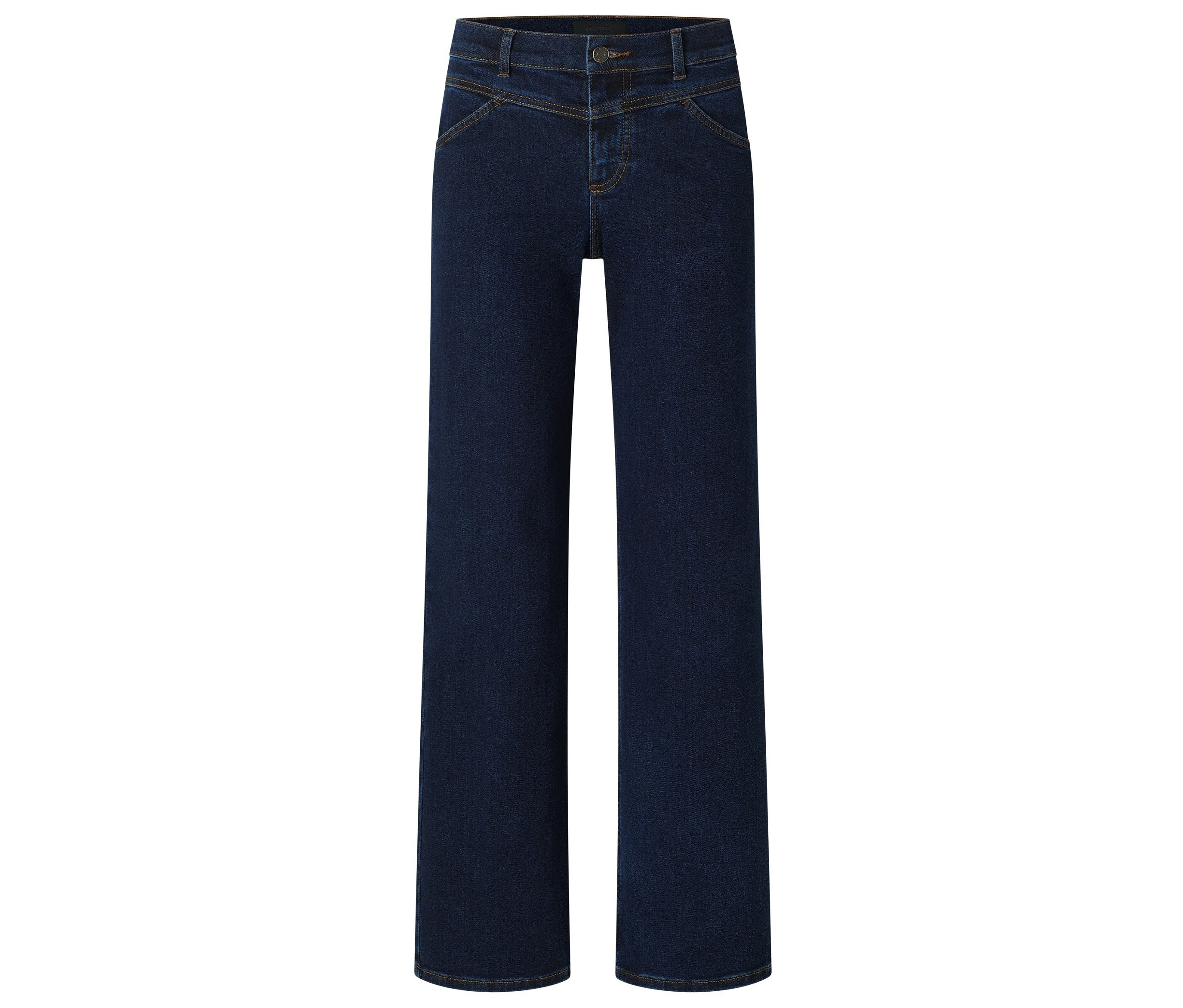 Dunkelblaue Jeans mit weitem Bein und Knopfverschluss.