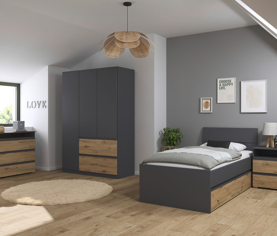 Schlafzimmer mit grauem Bett, Nachttisch, Kommode und Rauch Kleiderschrank »Joel«, 3-türig, grau metallic/Eiche Artisan.