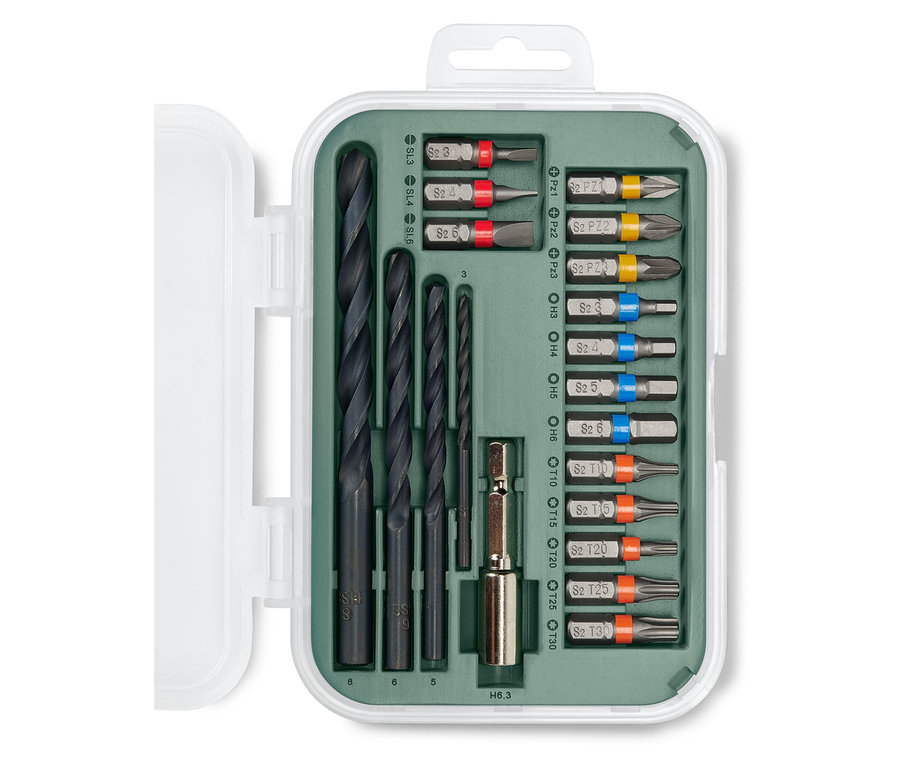 Set für Schraub- und Bohrmaschine in geöffneter Box.