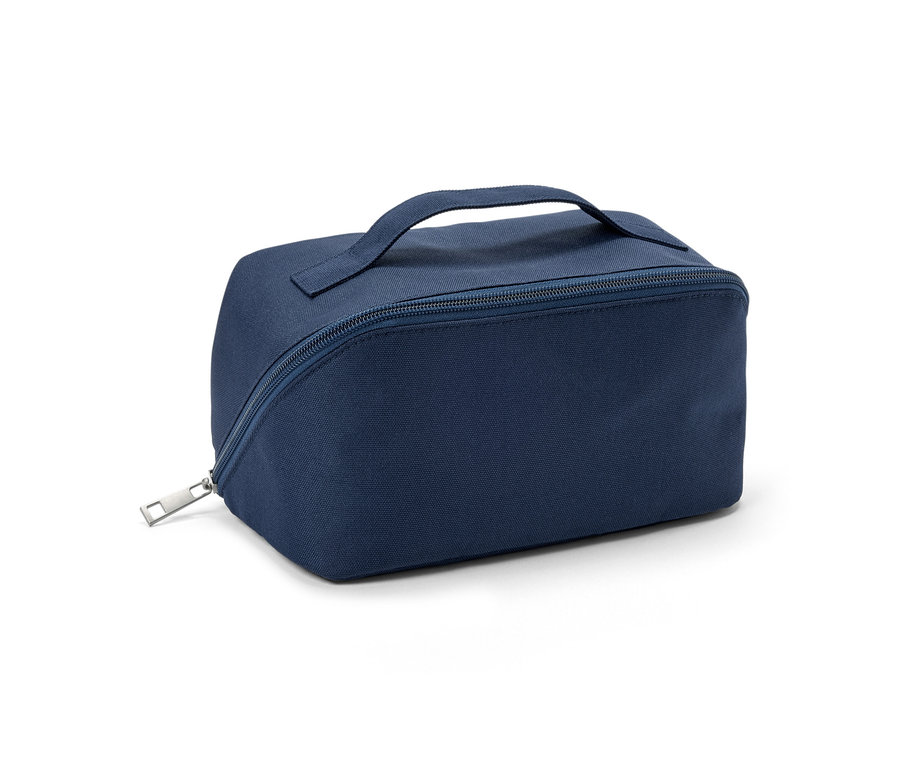Eine blaue Kosmetiktasche mit Reißverschluss und Griff.