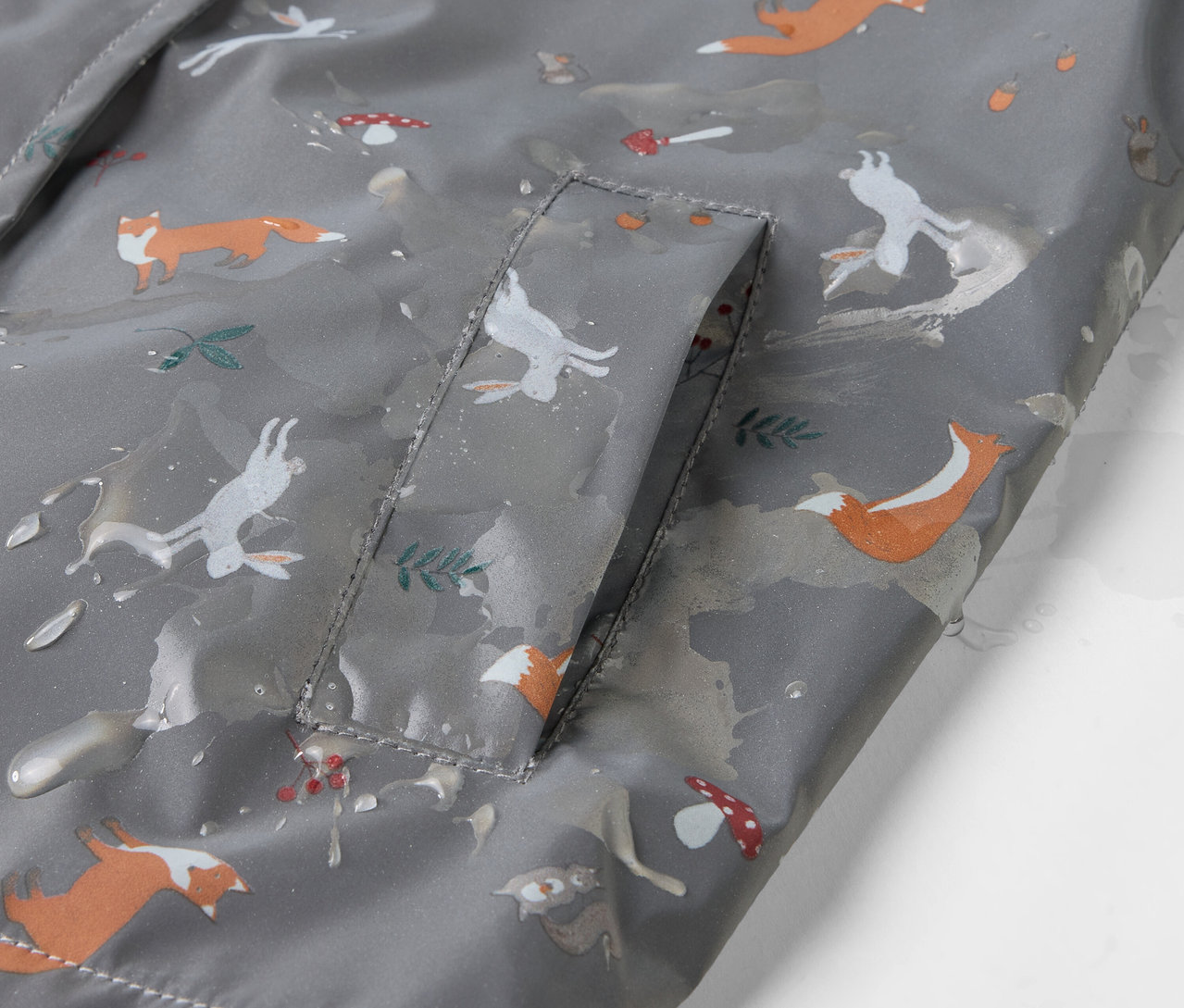 Detail einer Kinder-Thermo-Regenjacke mit Füchsen, Hasen und Pilzen.