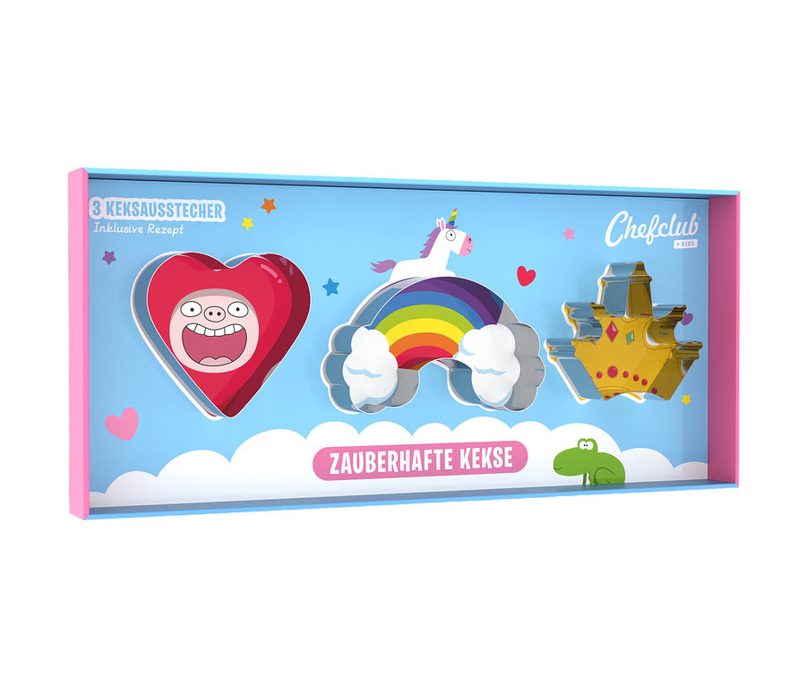 Packung Chefclub Dessert und Keks-Back-Set Ausstechformen mit Ausstechformen in Herz-, Regenbogen-mit Einhorn- und Kronenform.