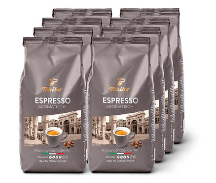Acht Packungen Espresso Aromatisch - 8x 1 kg Ganze Bohne, in Reihen angeordnet.