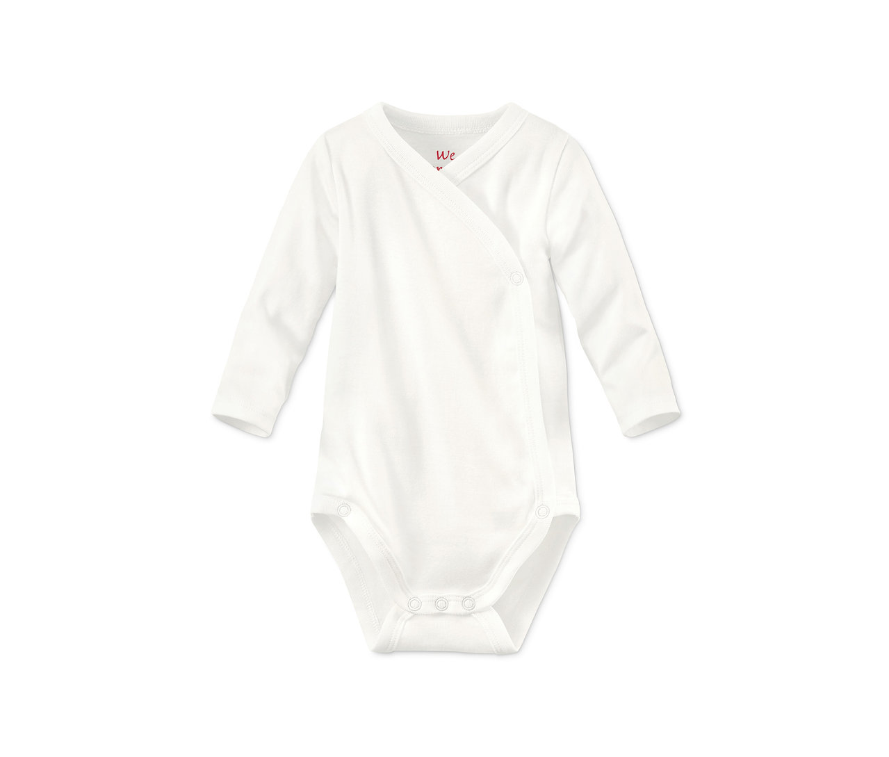 Detailansicht eines weißen 5er-Sets Langarm-Bodys aus Bio-Baumwolle.