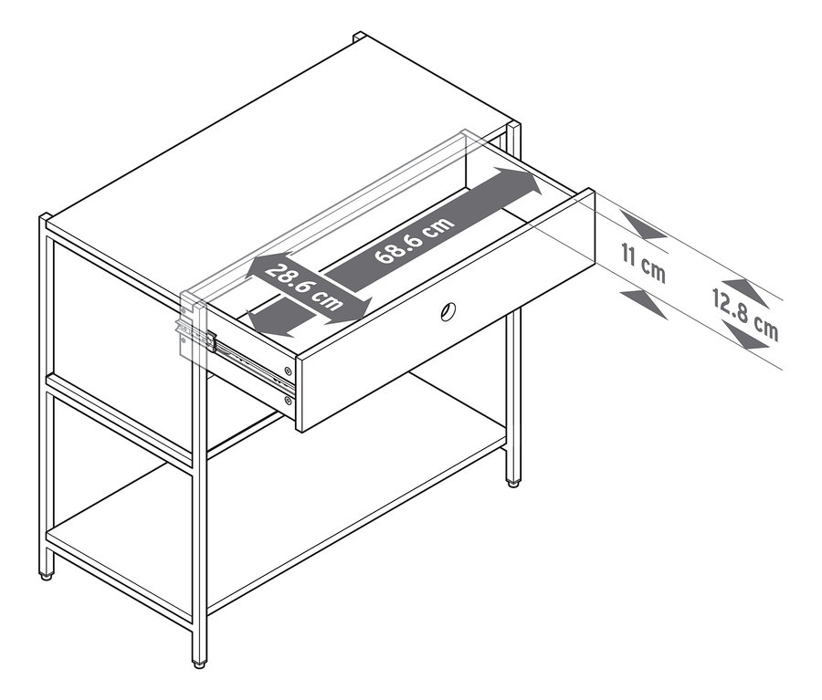 Skizze einer »KLAAR« Kommode mit 2 Schubladen, wobei die obere Schublade ausgezogen ist und die Maße angegeben sind.