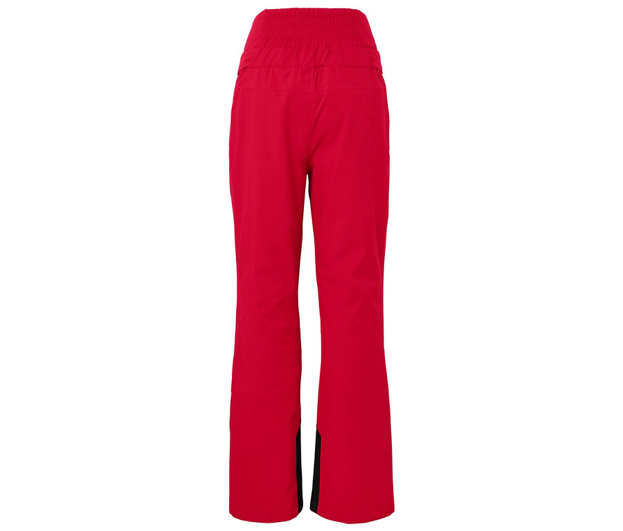 Rote Skihose mit hohem Bund und schwarzen Details an den Beinenden.