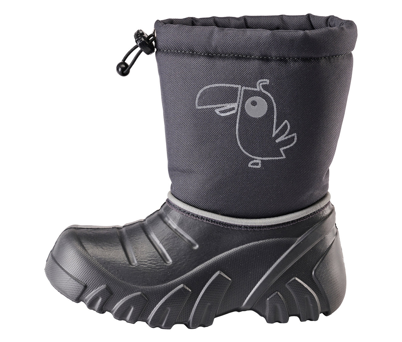 Ein einzelner JAKO-O Winterstiefel in Anthrazit steht vor einem weißen Hintergrund.