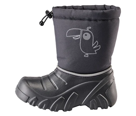 Ein einzelner JAKO-O Winterstiefel in Anthrazit steht vor einem weißen Hintergrund.