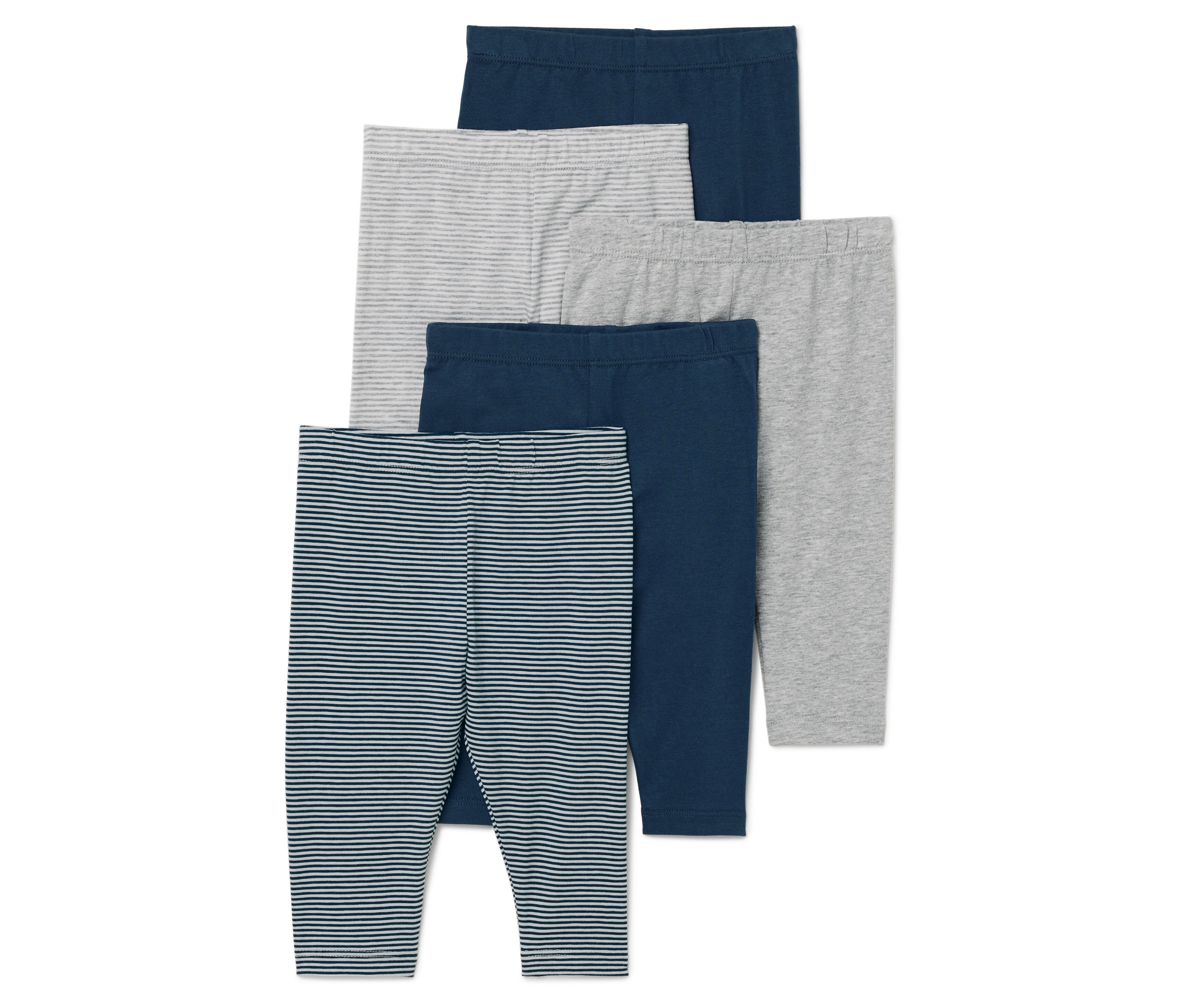 Fünf Kinderleggings in den Farben Dunkelblau, Grau und mit Streifen.