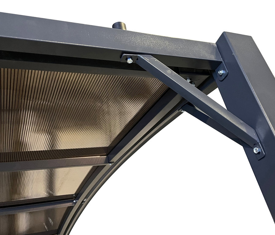 Detail einer grauen, ausziehbaren Leco Pergola von unten.