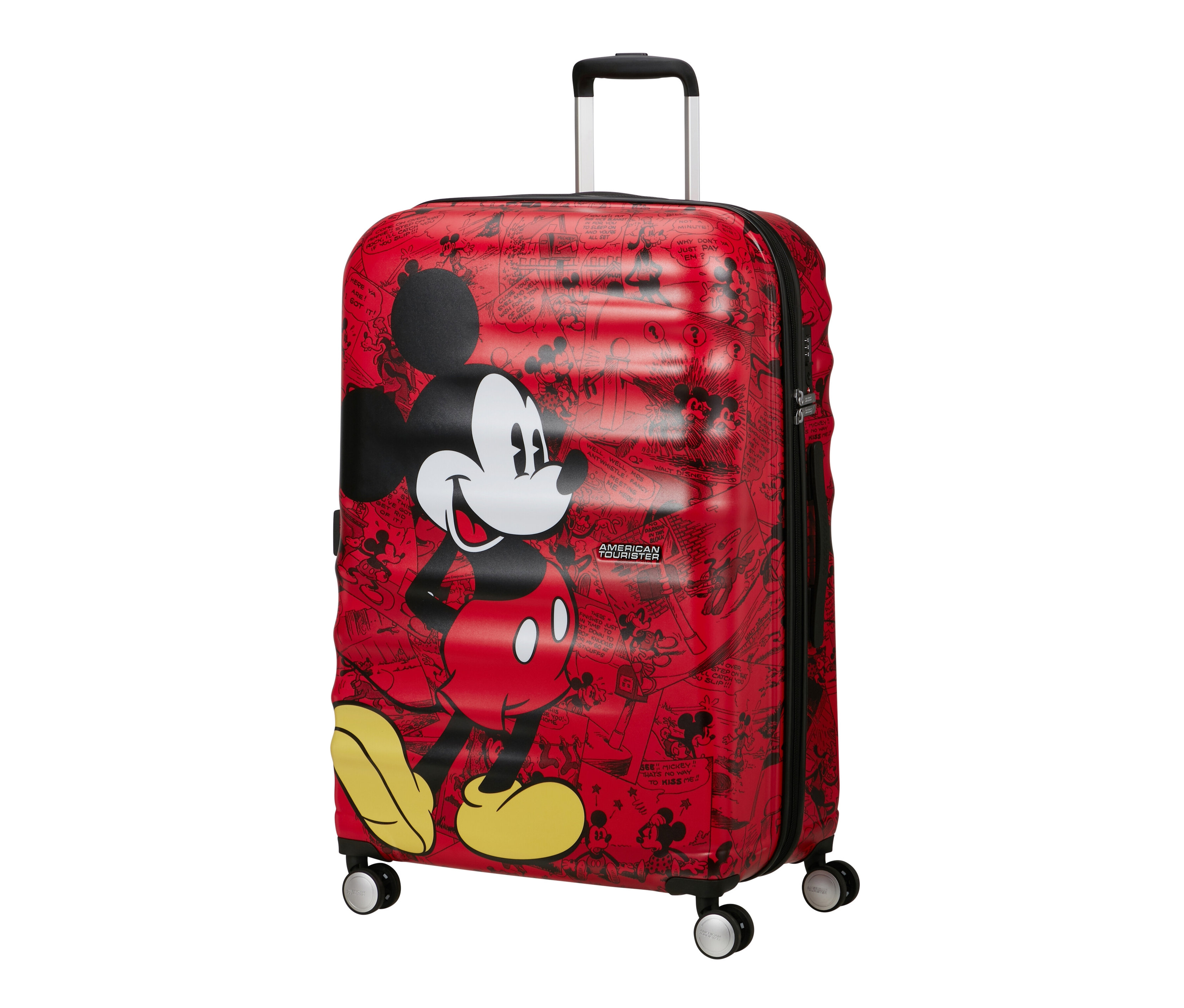 Großer, roter American Tourister Wavebreaker Koffer mit Mickey Mouse Motiv.