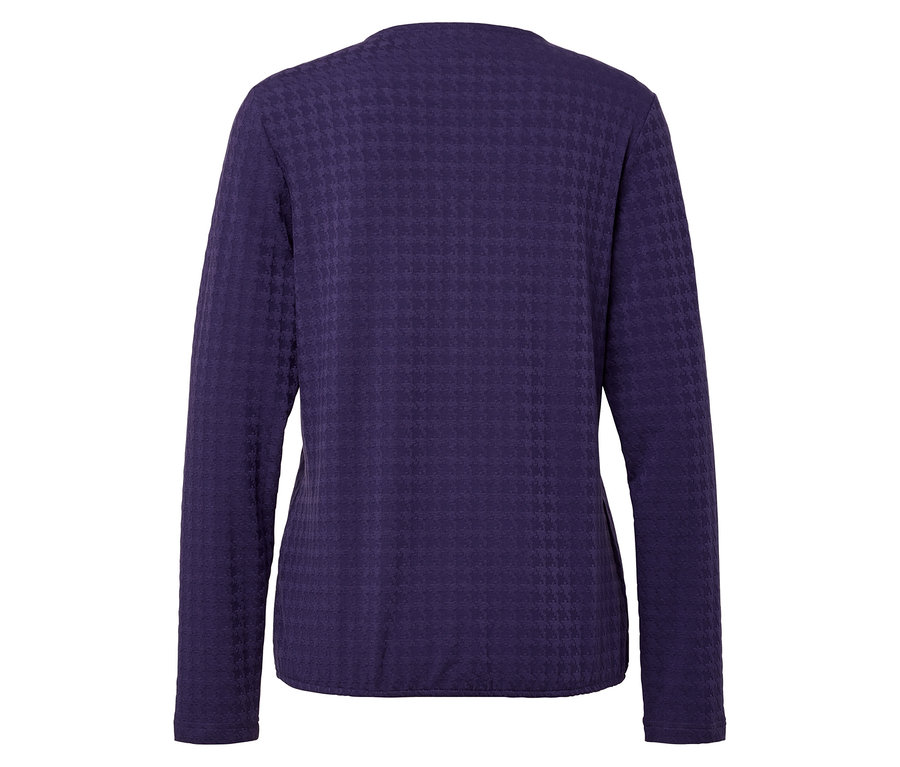 Rückansicht eines lila Damen Langarmshirts mit Hahnentrittmuster.