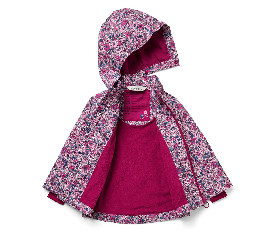 Geöffnete Kapuzenjacke mit Blumenmuster und pinkfarbenem Futter.