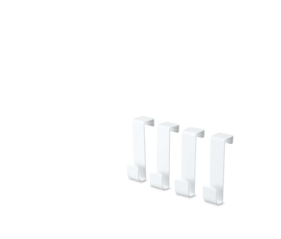 Vier weiße Türhaken.