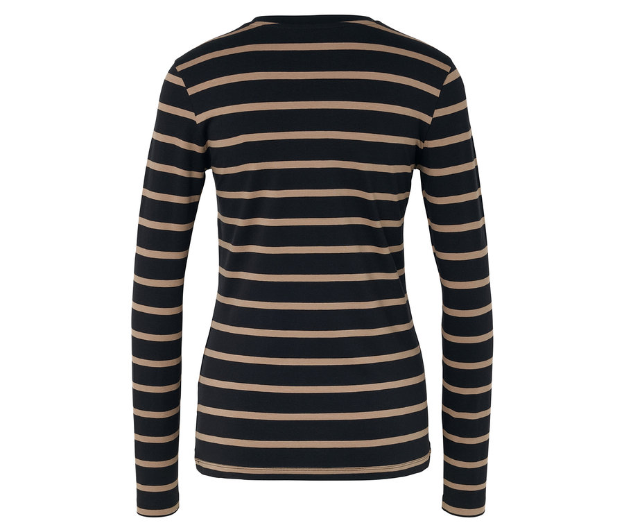 Rückansicht eines Damen-Langarmshirts mit braunen horizontalen Streifen auf schwarzem Grund.