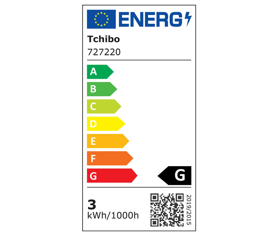 Tchibo Energielabel 727220 mit der Energieeffizienzklasse G und einem Verbrauch von 3 kWh/1000h.