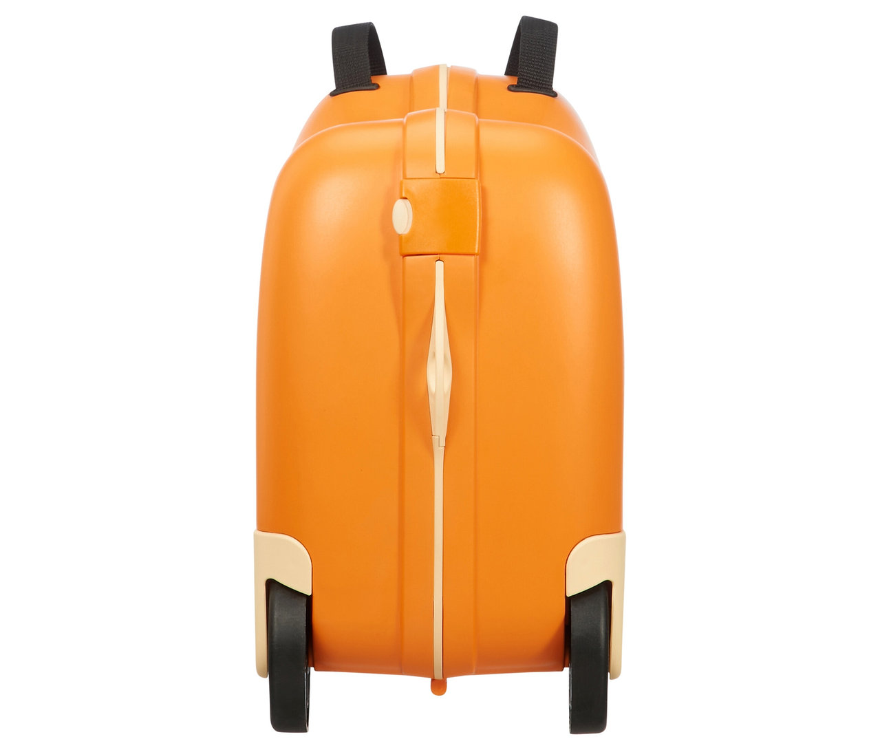 Nahaufnahme des American Tourister »Funrider« Aufsitzkoffers in Tiger-Orange, von hinten fotografiert.