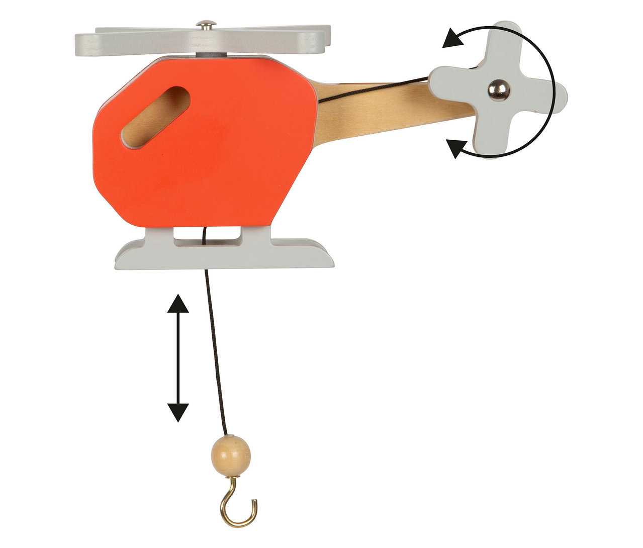 small foot Feuerwehrwache, groß: Roter Spielzeug-Hubschrauber mit Haken zum Aufziehen vor weißem Hintergrund.