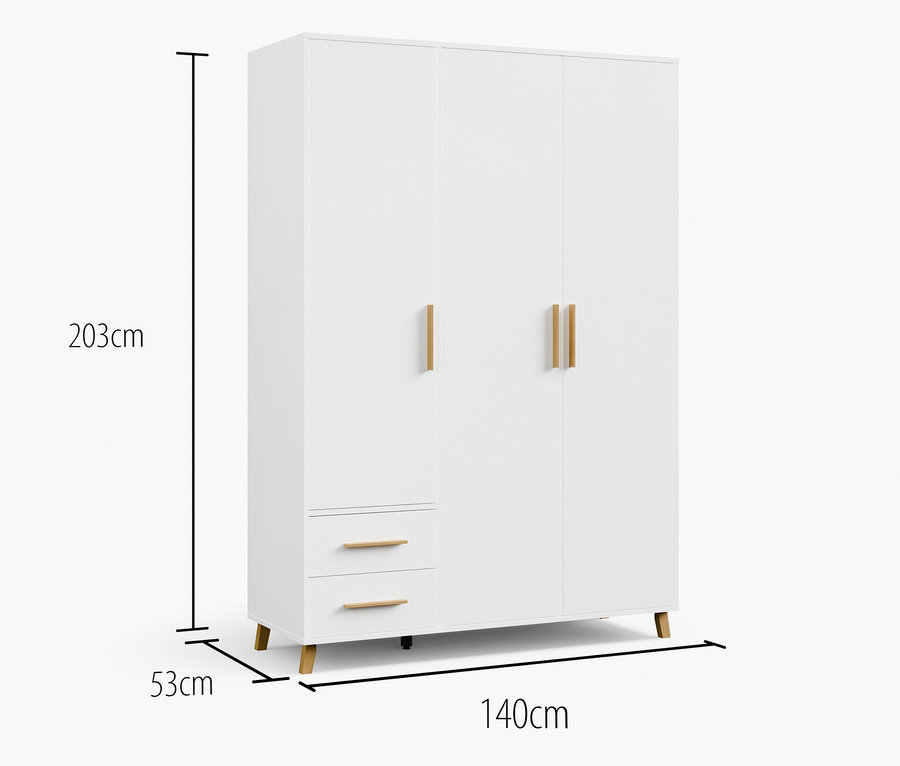 Weißer Drehtürenschrank »Shinjo« mit 3 Türen und 2 Schubladen.