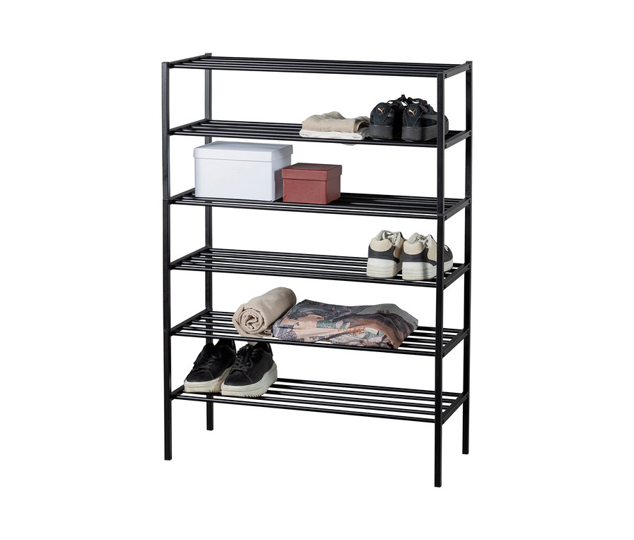 Schwarzes Woood 6 Schuhregal »Ferro« aus Metall mit Schuhen, Handtuch und Aufbewahrungsboxen.