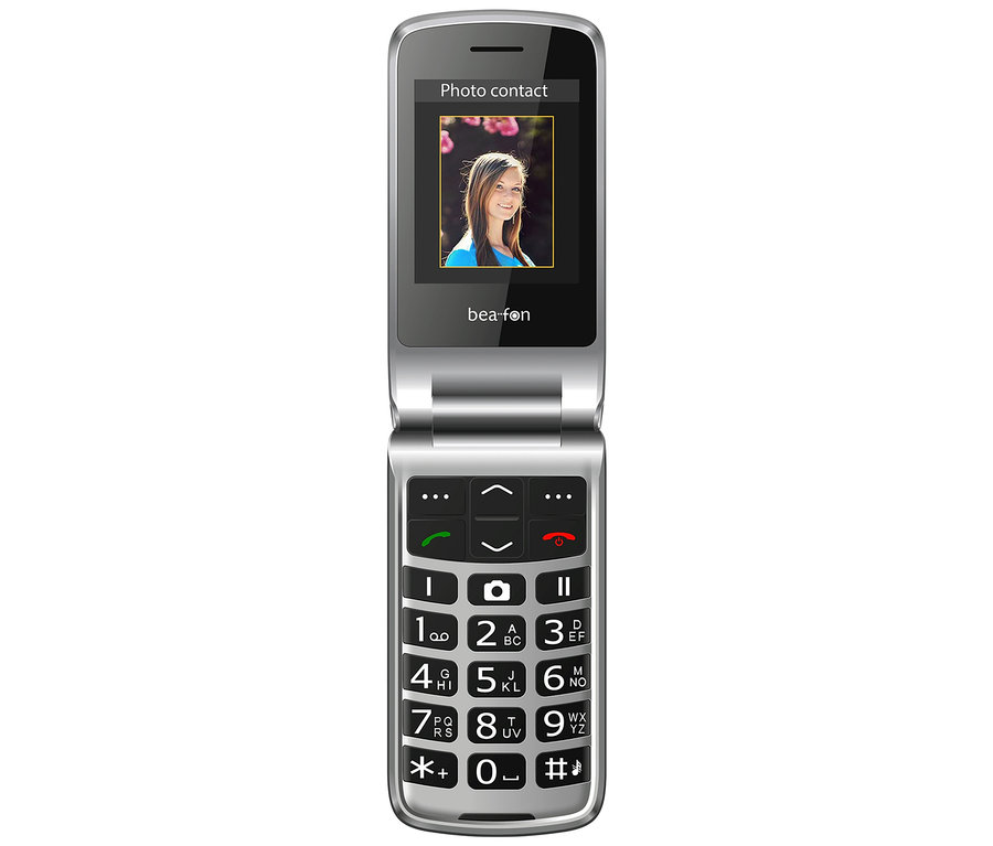 Silbernes Bea-fon SL605 LTE schwarz Klapphandy mit Zifferntastatur.