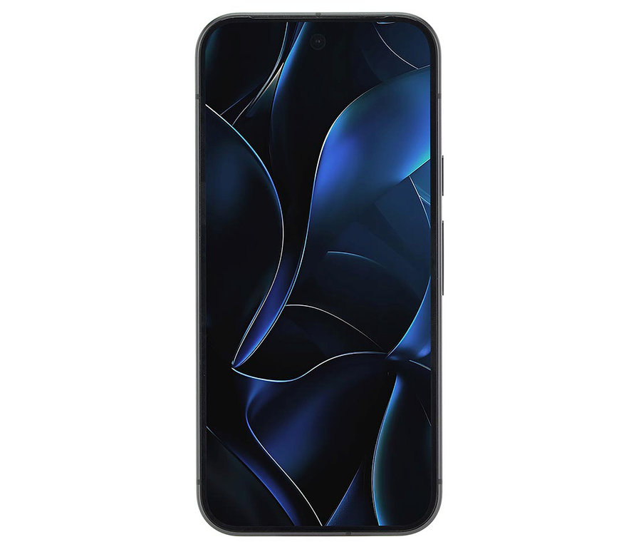 Schwarzes Smartphone mit einem abstrakten blauen Design auf dem Bildschirm.