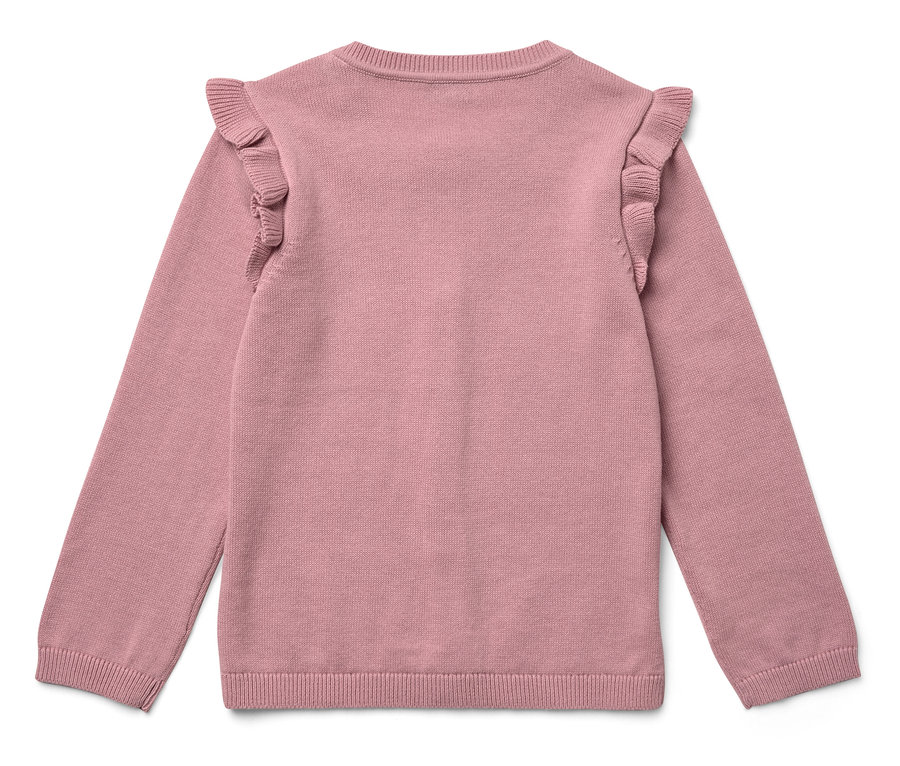 Rosa Strickpullover mit langen Ärmeln und Rüschen an den Schultern, liegend auf weißem Hintergrund.