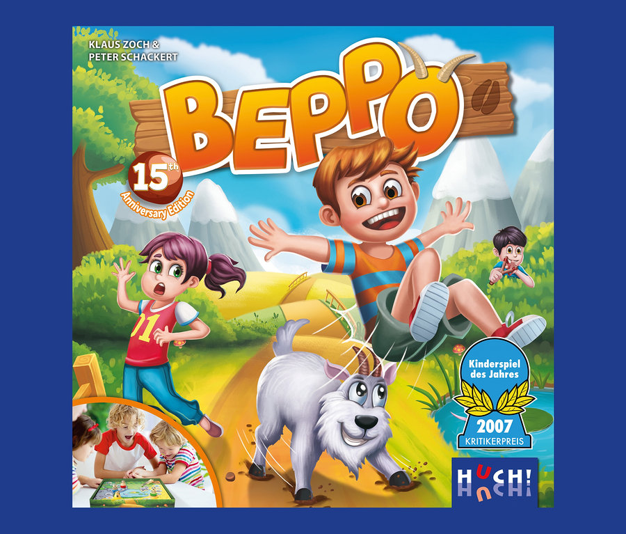 Cover des Spiels Beppo mit Cartoon-Figuren von Kindern und einer Ziege in einer Landschaft.